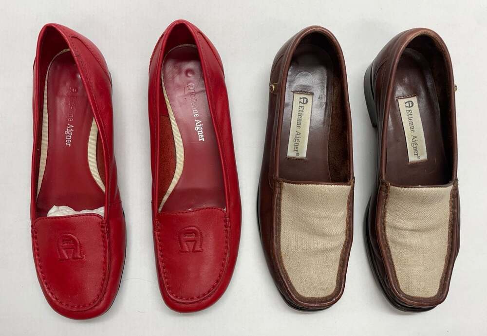 LOT of 2 Etienne Aigner Loafers Red Leather Brown Tweed Shoes Women’s Size 6.5M - Picture 4 of 10